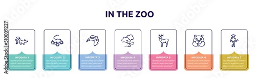 in the zoo concept infographic design template. included skunk, hibernation, hornbill, windy, reindeer, beaver, explorer icons and 7 option or steps.
