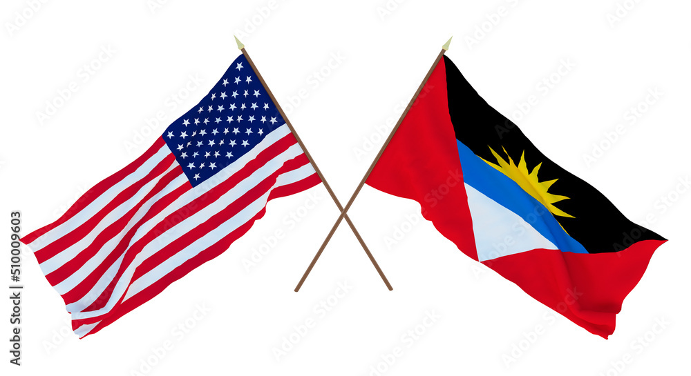 Background for designers, illustrators. National Independence Day. Flags of United States of America, USA and Barbuda