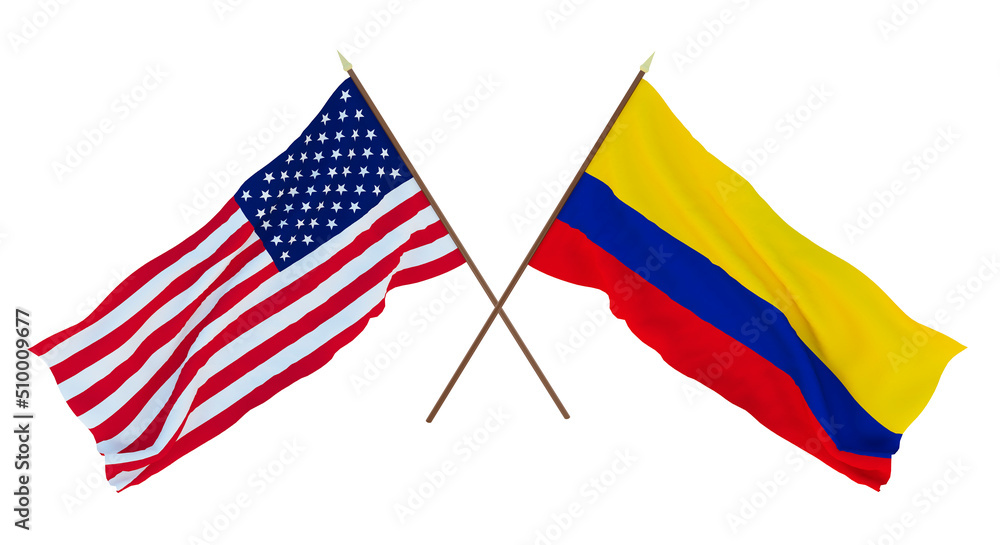 Background for designers, illustrators. National Independence Day. Flags of United States of America, USA and Colombia Background for designers, illustrators. National Independence Day. Flags of United States of America, USA and Colombia