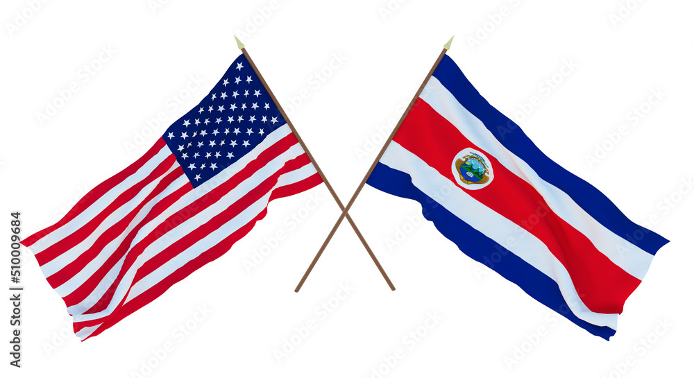 Background for designers, illustrators. National Independence Day. Flags of United States of America, USA and Costa Rica