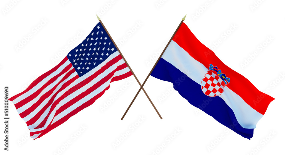 Background for designers, illustrators. National Independence Day. Flags of United States of America, USA and Croatia