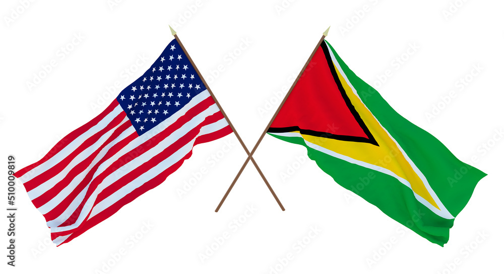Background for designers, illustrators. National Independence Day. Flags of United States of America, USA and Guyana