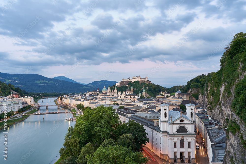 Overview of the city of Salzburg, Austria, after sunset