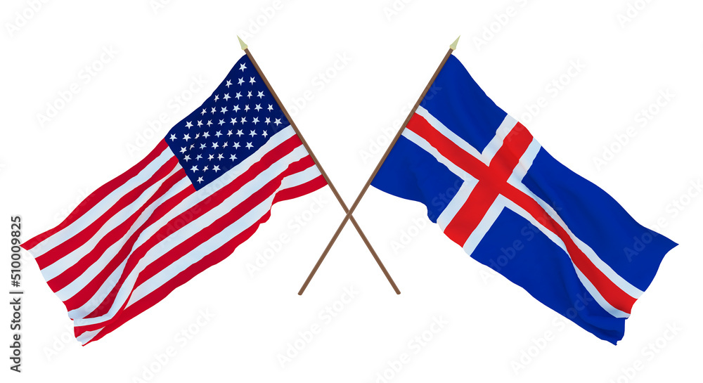 Background for designers, illustrators. National Independence Day. Flags of United States of America, USA and Iceland