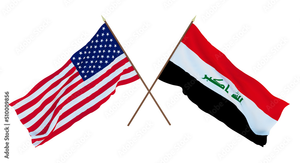 Background for designers, illustrators. National Independence Day. Flags of United States of America, USA and Iraq