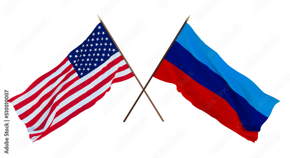 Background for designers, illustrators. National Independence Day. Flags of United States of America, USA and Lugansk People's Republic