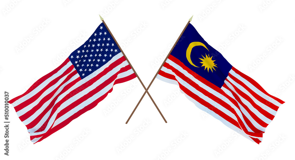 Background for designers, illustrators. National Independence Day. Flags of United States of America, USA and Malaysia