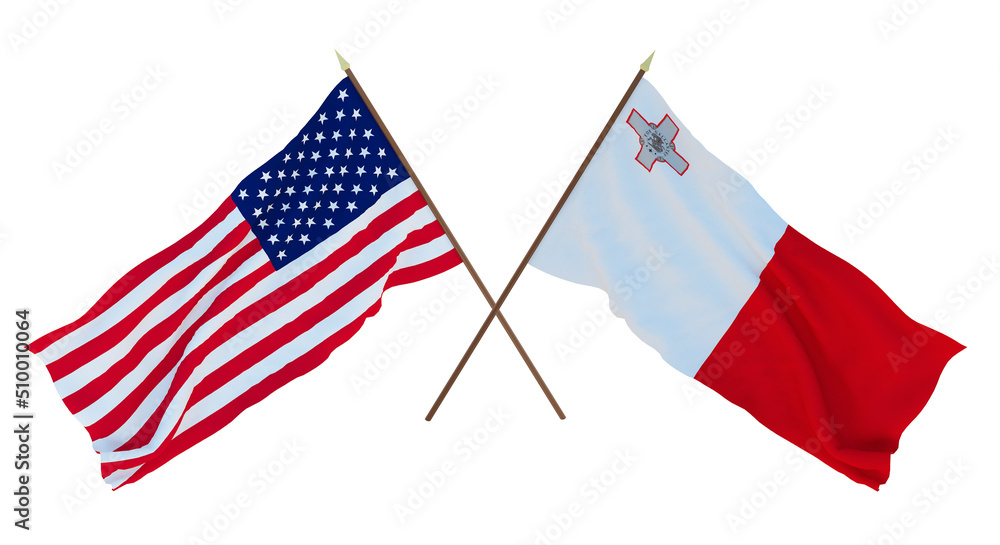Background for designers, illustrators. National Independence Day. Flags of United States of America, USA and Malta