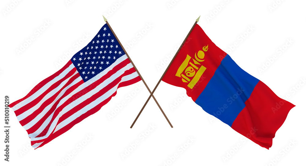 Background for designers, illustrators. National Independence Day. Flags of United States of America, USA and Mongolia