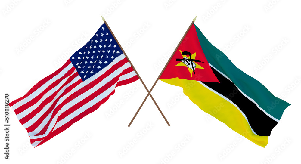 Background for designers, illustrators. National Independence Day. Flags of United States of America, USA and Mozambique