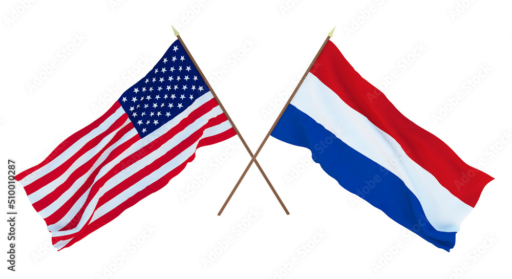 Background for designers, illustrators. National Independence Day. Flags of United States of America, USA and Netherlands