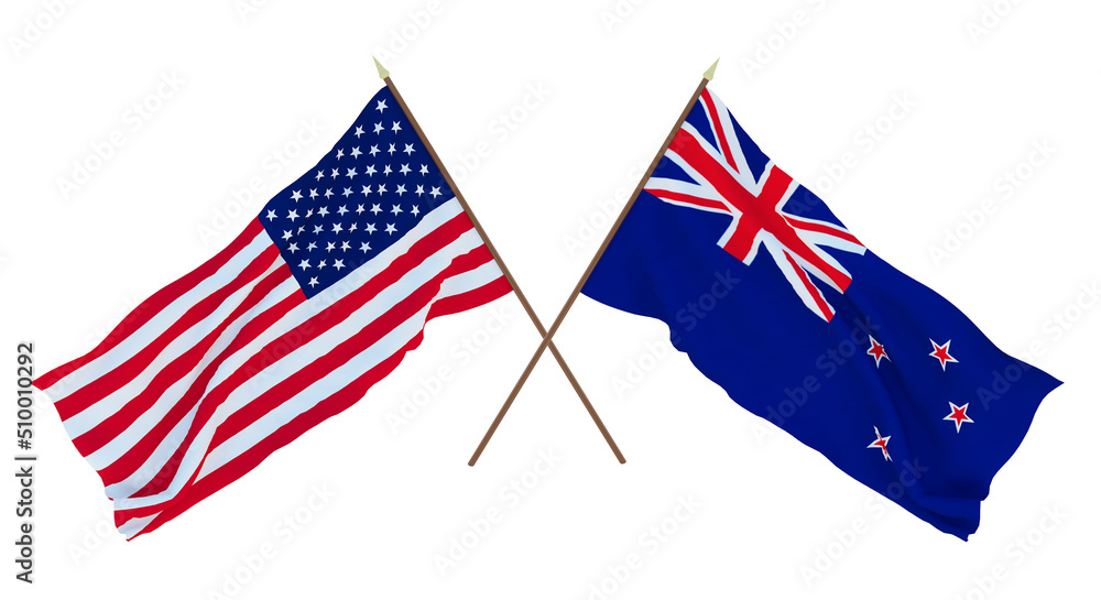 Background for designers, illustrators. National Independence Day. Flags of United States of America, USA and New Zealand