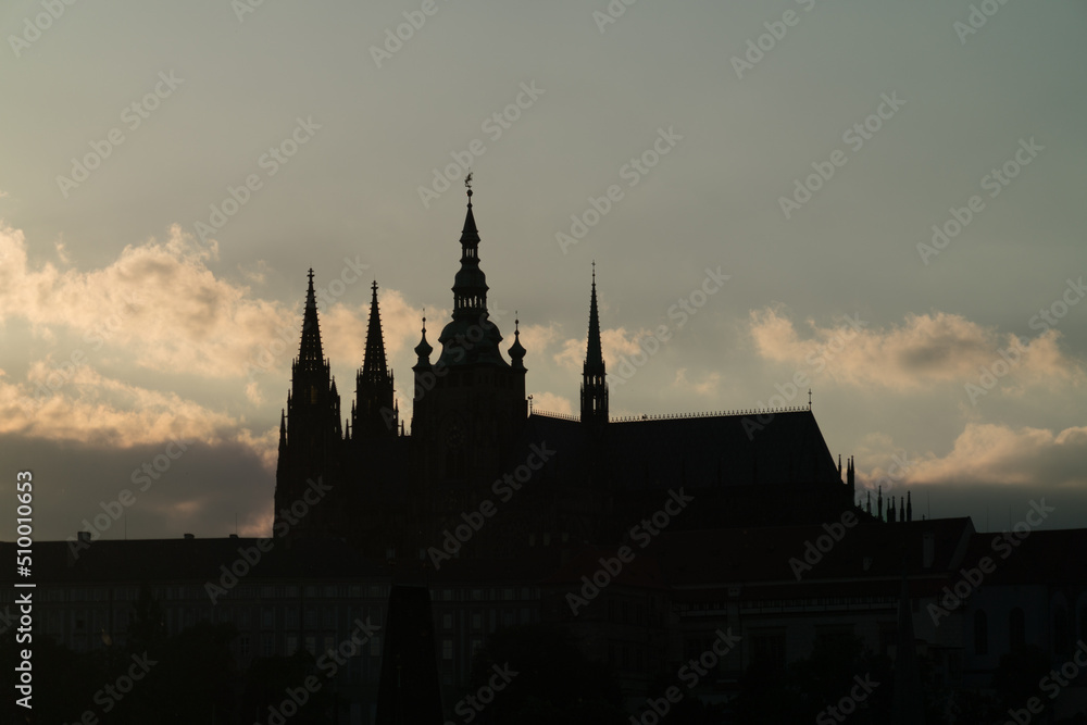 Prague night silhouette. Prague panorama during sunset