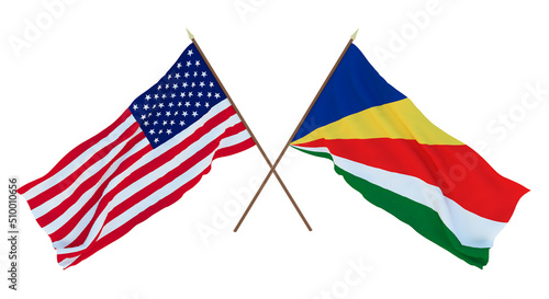 Background for designers, illustrators. National Independence Day. Flags of United States of America, USA and Seychelles