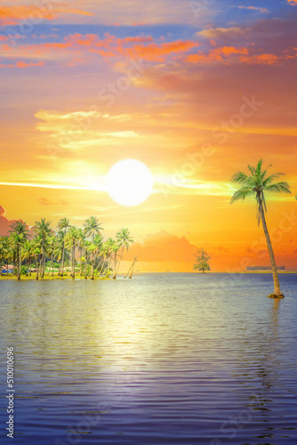 Fototapeta Naklejka Na Ścianę i Meble -  tropical island with coconut trees in sunset