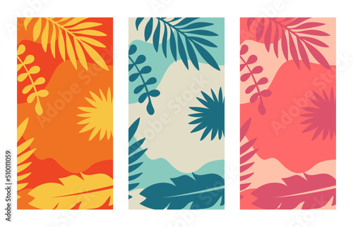 Set of Abstract Summer Vertical Posters. Tropical Leaves And Plants Designs With Copy Space, For Social Networks, Story 9x16 Format and Graphic Design. 