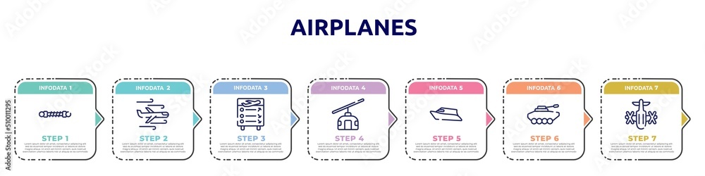 airplanes concept infographic design template. included damper, turbulence, flight information, null, speed boat, armored vehicle, army helicopter bottom view icons and 7 option or steps. airplanes concept infographic design template. included damper, turbulence, flight information, null, speed boat, armored vehicle, army helicopter bottom view icons and 7 option or steps.