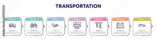 transportation concept infographic design template. included tow, tramway, army airplane, computer test, brake pedal, departure, sportive car icons and 7 option or steps.