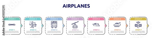 airplanes concept infographic design template. included damper, turbulence, flight information, null, speed boat, armored vehicle, army helicopter bottom view icons and 7 option or steps.