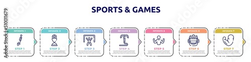 sports & games concept infographic design template. included flyboard, football trophy, goalie, grappling hook, bodybuilder, catcher mask, muscles icons and 7 option or steps.