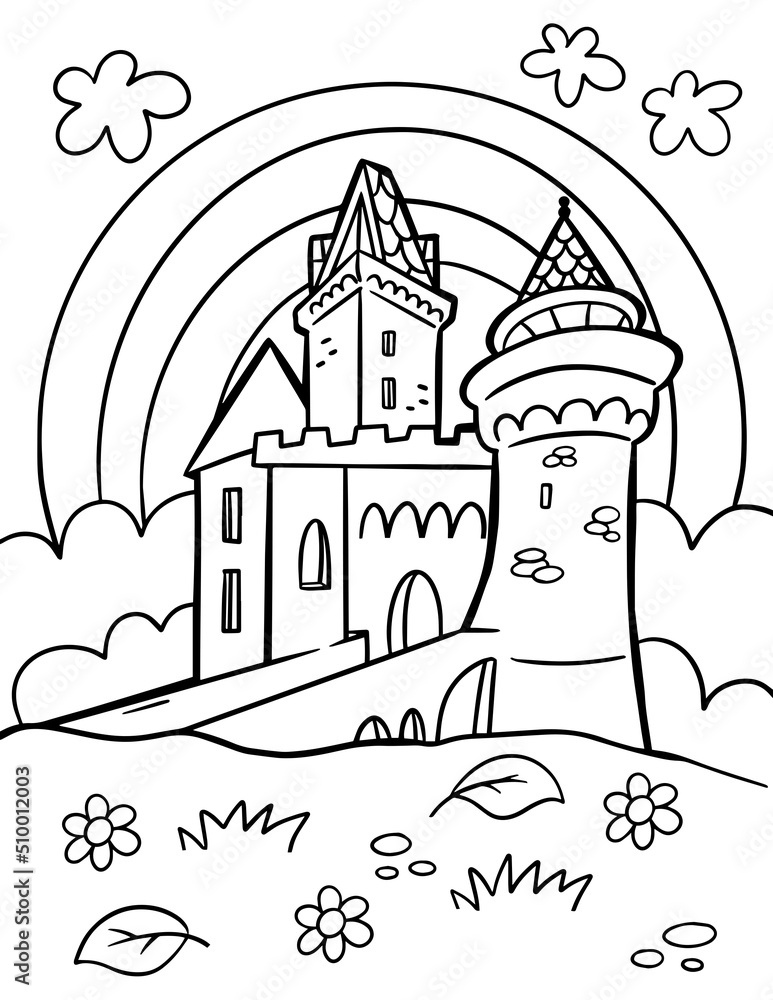 Castle coloring page for kids. Outline building illustration.