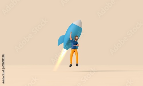 Business start up concept. Character with a rocket. 3D Rendering