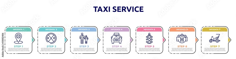 taxi service concept infographic design template. included placeholder point, railroad crossing, father and child, solar taxi, semaphore light, square hotel, cycle rickshaw icons and 7 option or taxi service concept infographic design template. included placeholder point, railroad crossing, father and child, solar taxi, semaphore light, square hotel, cycle rickshaw icons and 7 option or