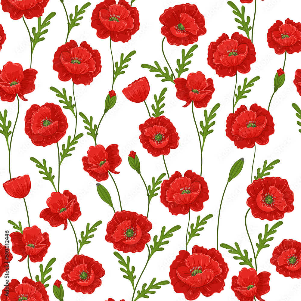 Vector seamless pattern with red poppies on a white background. Beautiful summer flowers. The print is well suited for textiles, Wallpaper and packaging. Vector illustration. - obrazy, fototapety, plakaty 