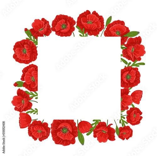 Square frame with red poppies isolated on white background. Floral wreath. Vector Illustration. © MyCreativeStudio