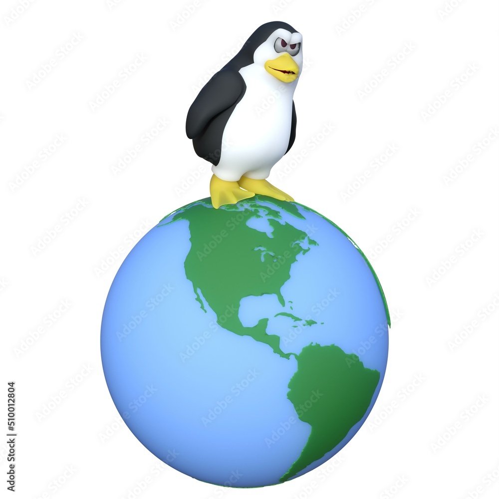 Obraz premium 3D-illustration of a cute and funny cartoon penguine on ecosystem earth