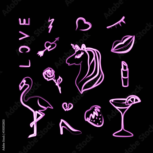 Vector set for nightclub with neon effect.
