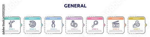 general concept infographic design template. included leader with loudspeaker, rewind time, nail puller, interlocking rings, magnifiying glass, fragments, poverty icons and 7 option or steps.
