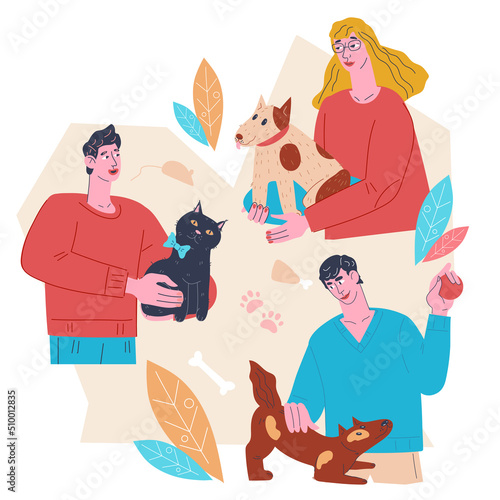 Pets and owners, people cares of domestic animals, flat vector illustration isolated on white background. Banner template for veterinary clinic, adoption and homeless animal fund, pets shop.