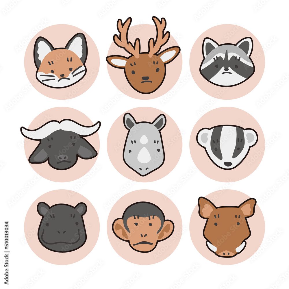 動物の顔のイラストのセット 線あり 動物の顔のイラストのセット 線あり
