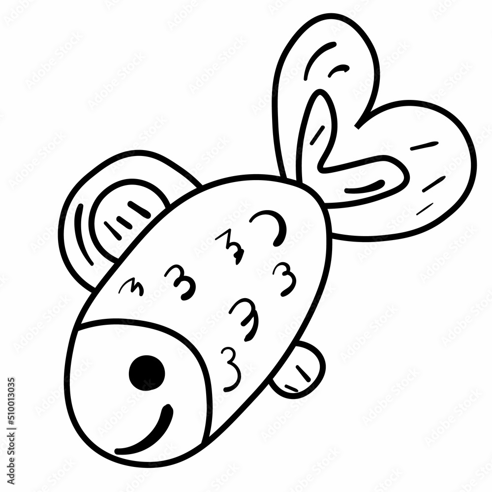 Obraz premium Black doodle fish vector illustration. Animal icon for kids. Line art on white background.
