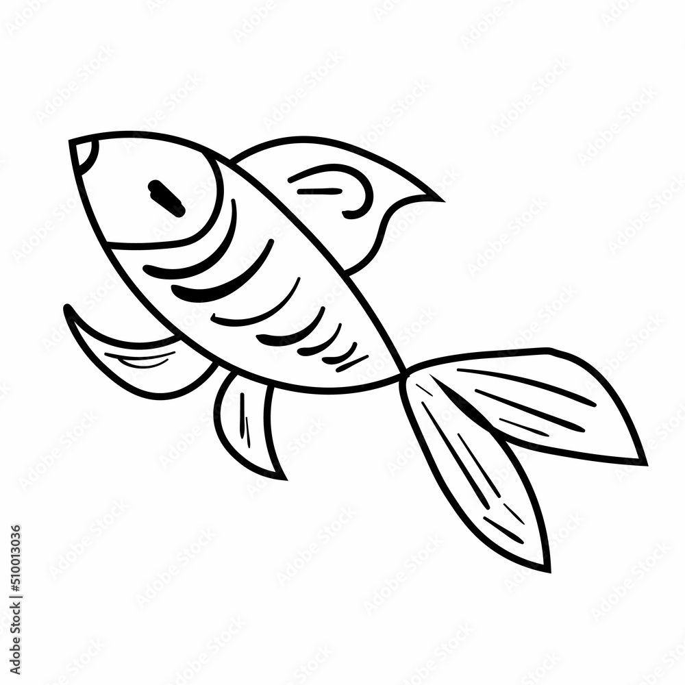 Naklejka premium Black doodle fish vector illustration. Animal icon for kids. Line art on white background.