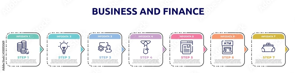 business and finance concept infographic design template. included three dollar coins stacks, lightbulb black tool shape, marketing seminar, big tie, bookmark service, atm card, women puser icons business and finance concept infographic design template. included three dollar coins stacks, lightbulb black tool shape, marketing seminar, big tie, bookmark service, atm card, women puser icons