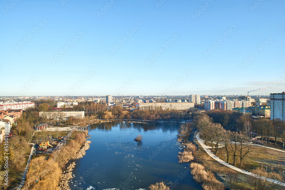 Top view of the summer lake Veska, the city of Kaliningrad.