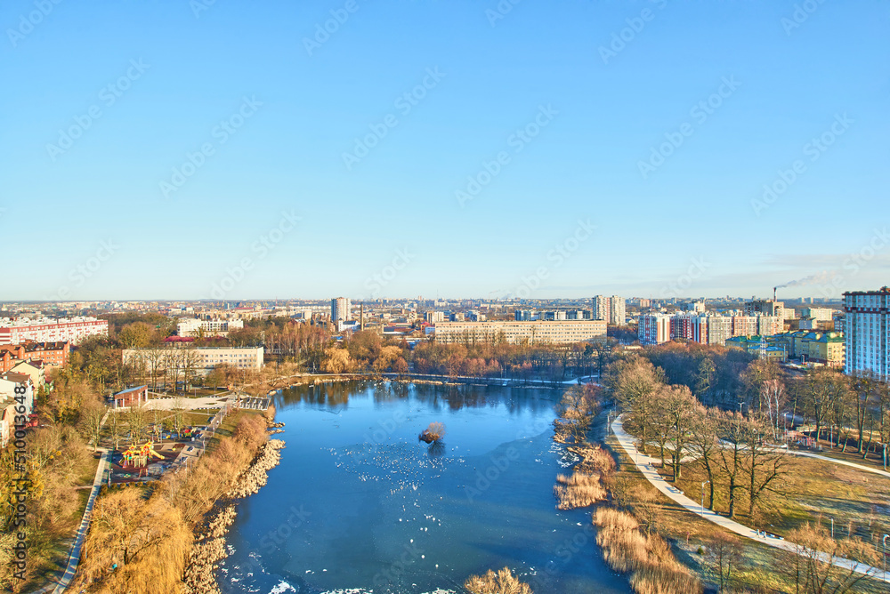 Top view of the summer lake Veska, the city of Kaliningrad.