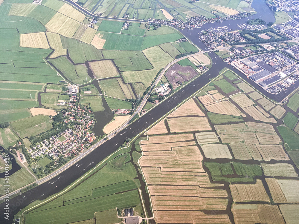 aerial view dutch fields and canals aerial view dutch fields and canals