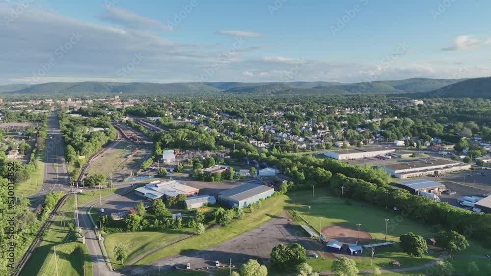 Late afternoon spring, summer aerial video of area around Elmira New York Late afternoon spring, summer aerial video of area around Elmira New York