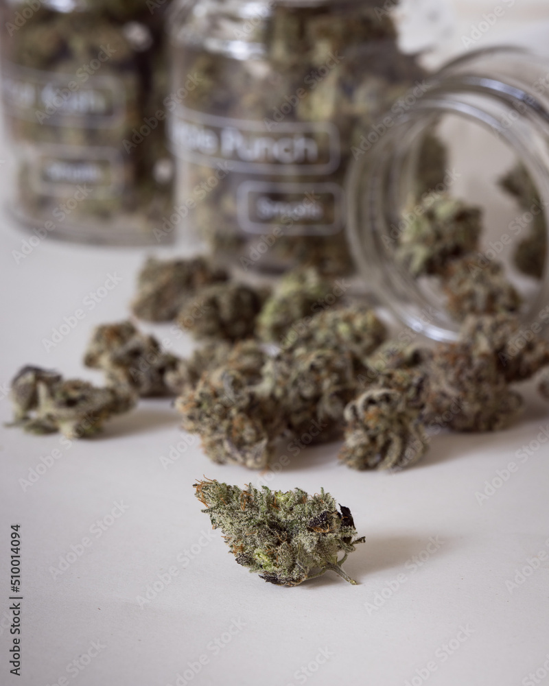 Cannabis buds dried and trimmed in glass jar with light background Cannabis buds dried and trimmed in glass jar with light background