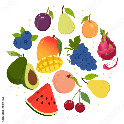 
Summer fruit collection, seasonal elements in circular shape. Fresh tropical and garden fruits doodle, organic biological vegan food. Cute cartoon vector illustration. Fruits set.