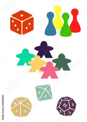 a set of  board game pawns, meeples, and dice for playing geek