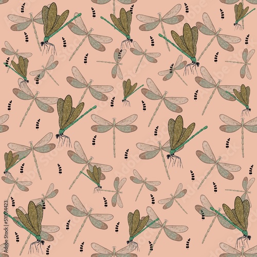 Seamless pattern with dragonfly on pink background. Insects illustration for fabric, wallpapers, nursing, paper, books, wraps, kids design, textile.
