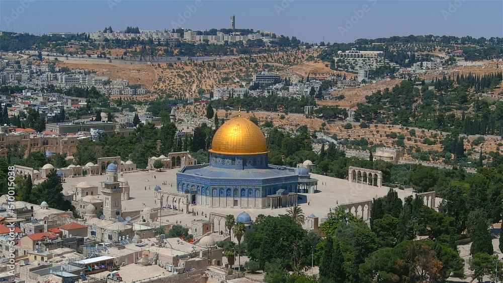 Al Aqsa golden dome of the rock aerial view, June, 2022
