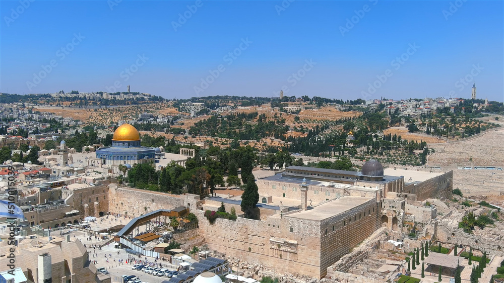 Al Aqsa golden dome of the rock aerial view, June, 2022