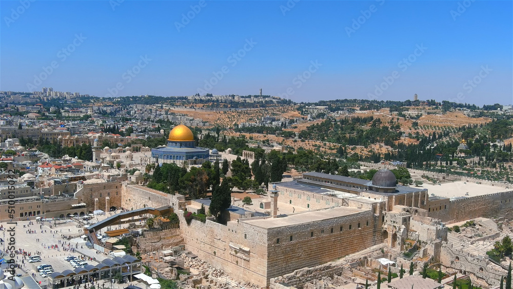 Israel capital and old Jerusalem city, flight view
Aerial view from Jerusalem Old city Al Aqsa Mosque and Jewish Kotel western wall, June, 2022
