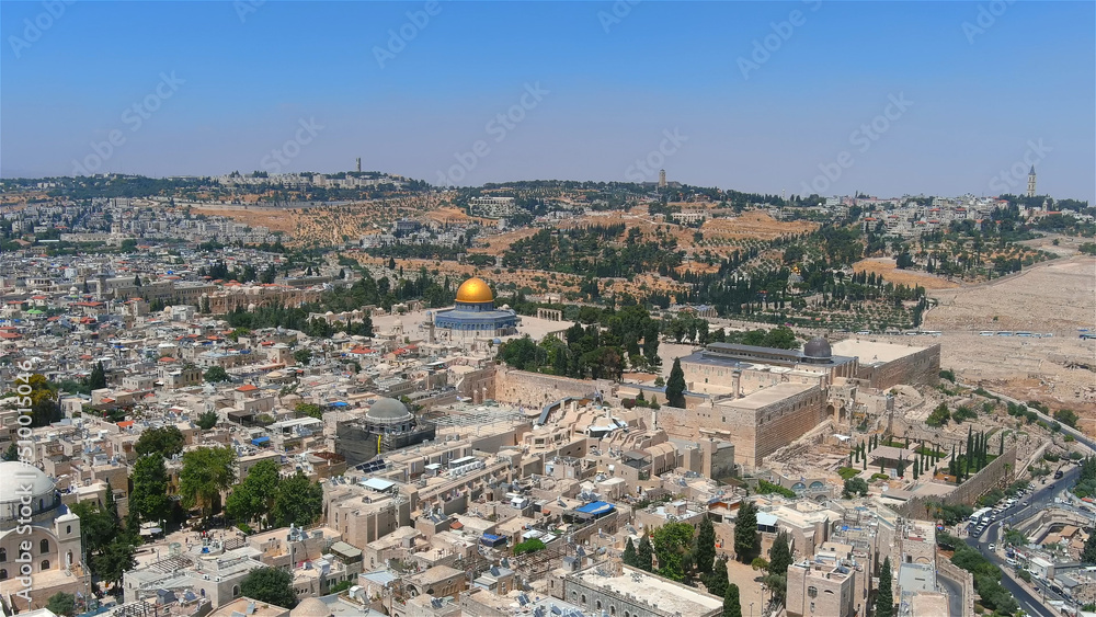 Old city of Jerusalem in the summer aerial view, 2022