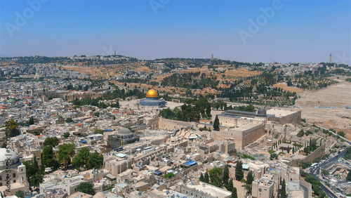 Old city of Jerusalem in the summer aerial view, 2022
